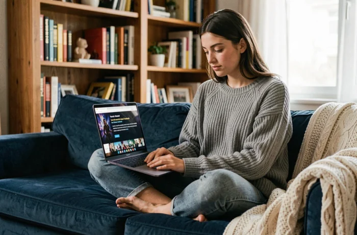 Jeune femme regardant une série en VF sur son ordinateur portable depuis son canapé confortable à la maison