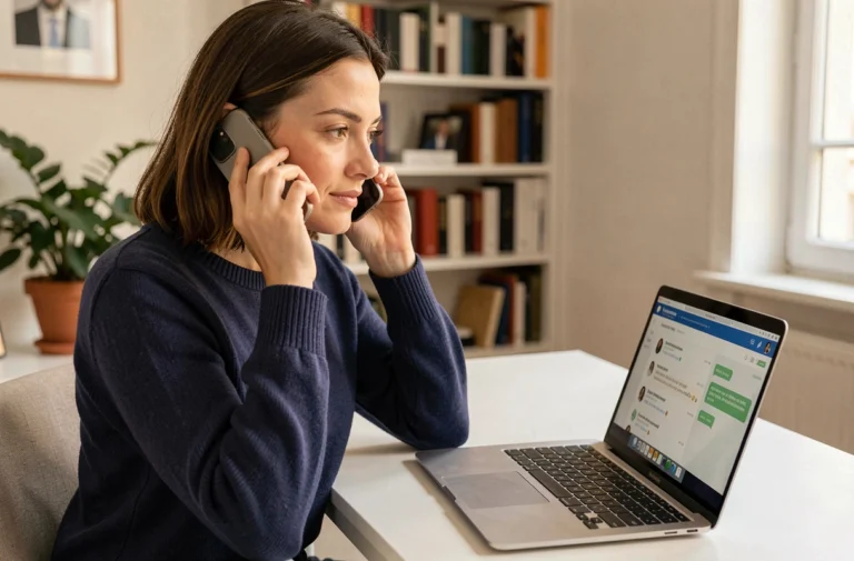 Femme contactant le service client Amazon par téléphone depuis son bureau à domicile