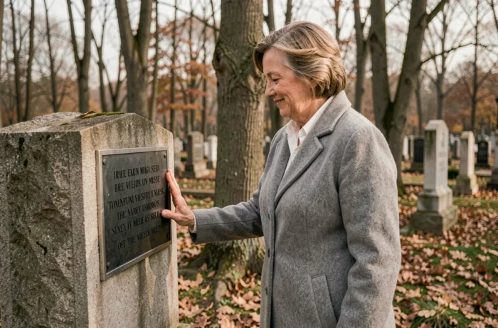 Femme d'âge mûr souriant en touchant une plaque funéraire gravée du souvenir d'un sourire dans un cimetière automnal