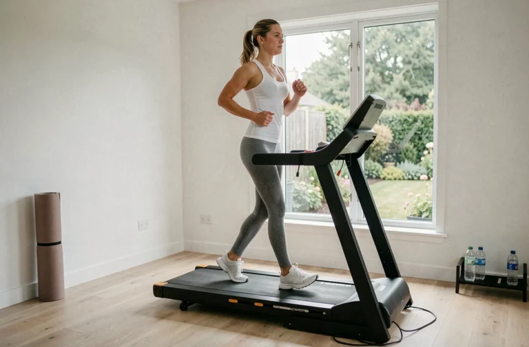 Femme qui court sur un tapis de course moderne dans une salle de sport à domicile bien aménagée