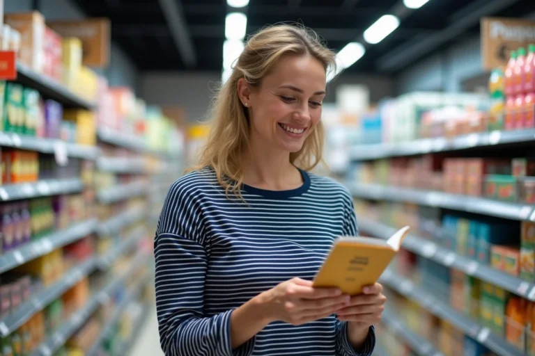 Femme tenant des vignettes Intermarché dans un rayon de supermarché portant un pull marinière Armor Lux rayé bleu marine