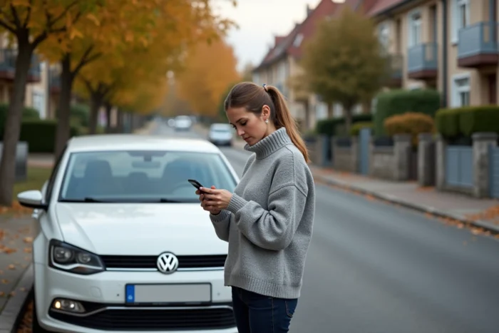 Femme consultant son téléphone à côté de sa Volkswagen Polo 5 après l'allumage du voyant moteur