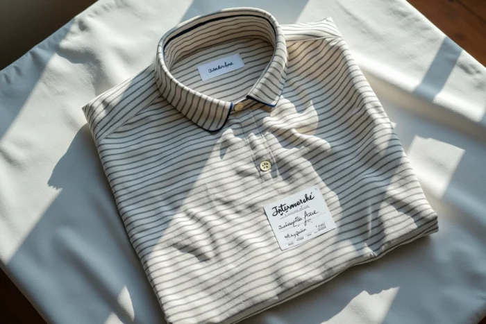 Flat lay d'une chemise Armor Lux avec ticket de caisse Intermarché et note d'avis client manuscrite