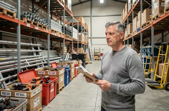 Gérant d'une entreprise de location de matériel dans son entrepôt évaluant son activité et son statut juridique