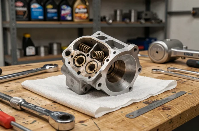 Gros plan sur la culasse d'un moteur Dax 125cc démontée en atelier