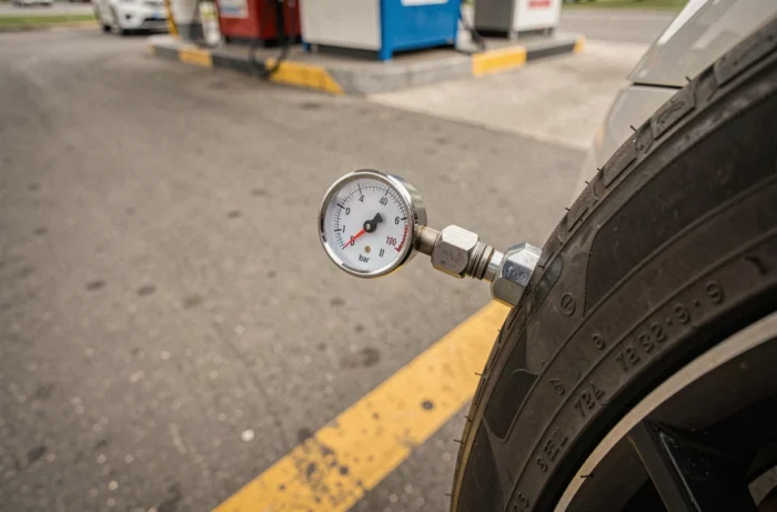 Gros plan d'un manomètre analogique indiquant la pression d'un pneu de Toyota Yaris hybride dans une station-service