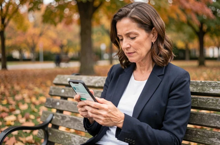 Femme consultant son téléphone pour activer son compte MyPeopleDoc dans un parc