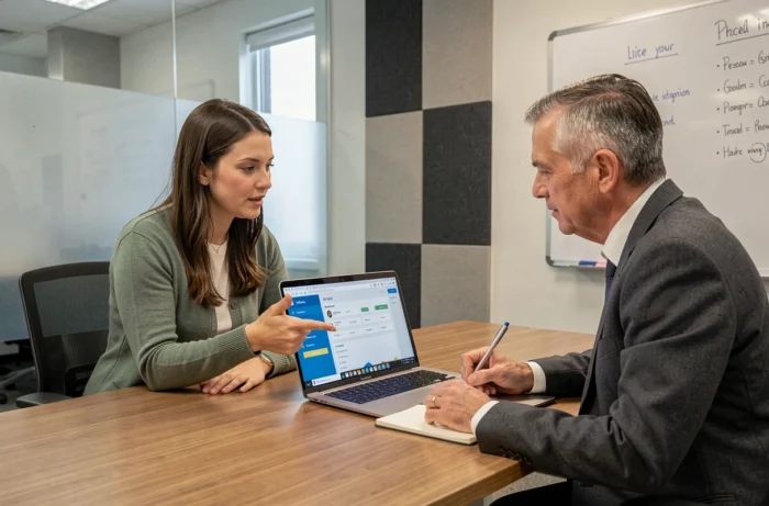 Deux collègues consultant ensemble un tableau de bord d'une plateforme RH en salle de réunion