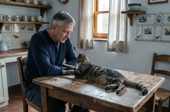 Homme observant attentivement son chat tigré sur une table de cuisine en bois, illustrant la compréhension du comportement félin au quotidien