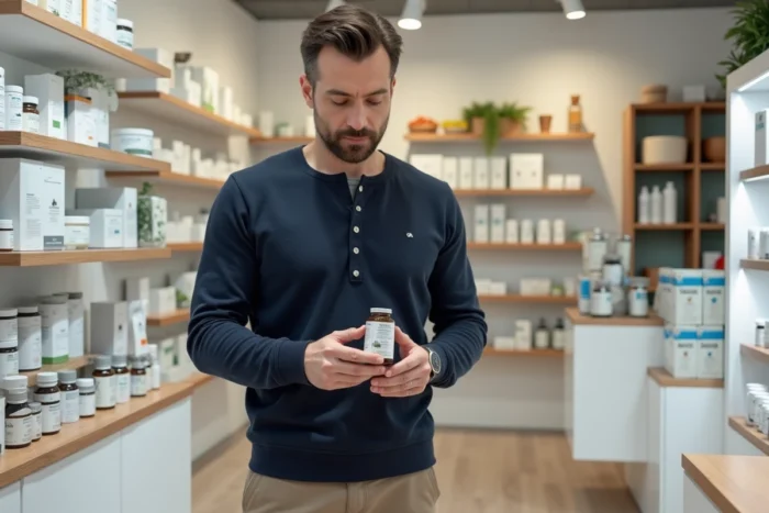 Homme examinant un complément alimentaire naturel dans une boutique santé inspirée de l'univers Onatera