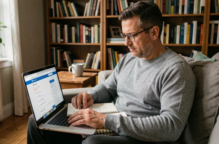 Homme consultant une sitemap sur ordinateur portable depuis son salon
