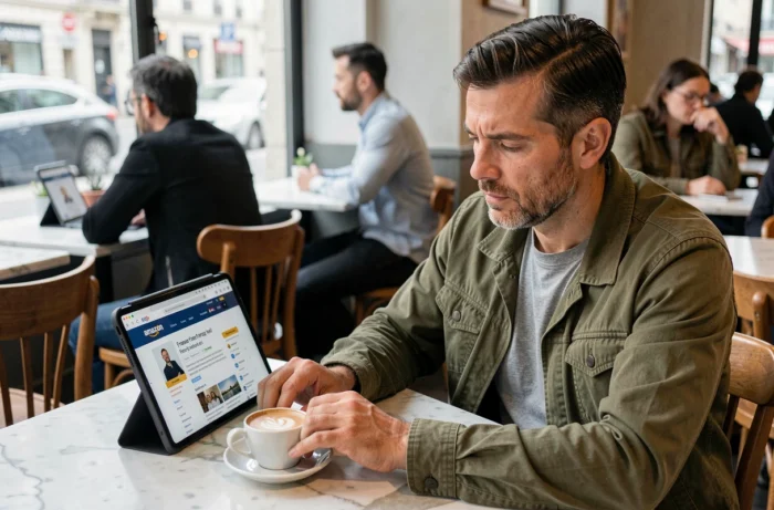 Homme utilisant une tablette pour contacter le service client Amazon dans un café parisien