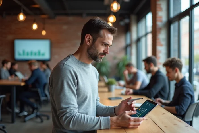 Homme en espace de co-working utilisant une tablette pour gérer des projets avec un logiciel de collaboration d'entreprise