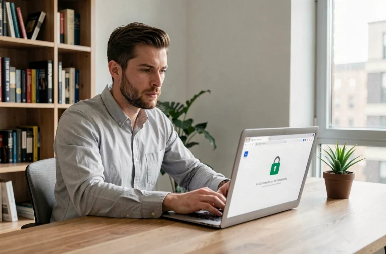 Homme assis devant un ordinateur portable affichant une erreur d'accès à un site web, illustrant un problème de connexion à résoudre