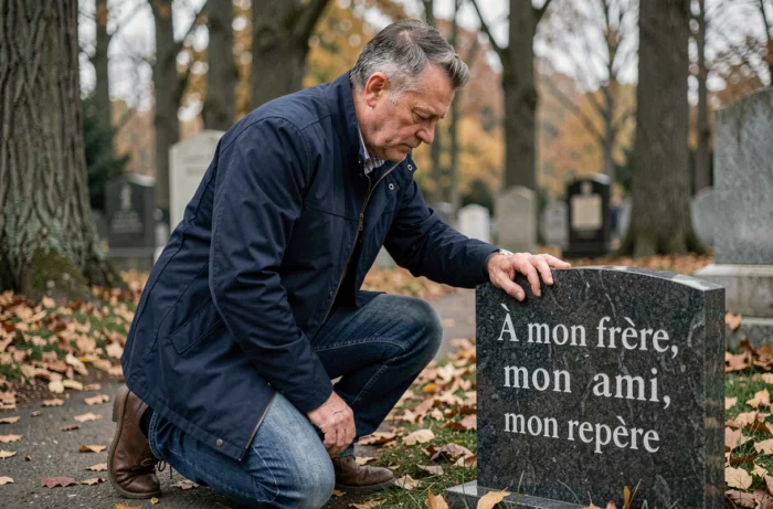Homme d'une quarantaine d'années agenouillé devant une plaque en granit gravée de l'hommage fraternel en triptyque dans un cimetière