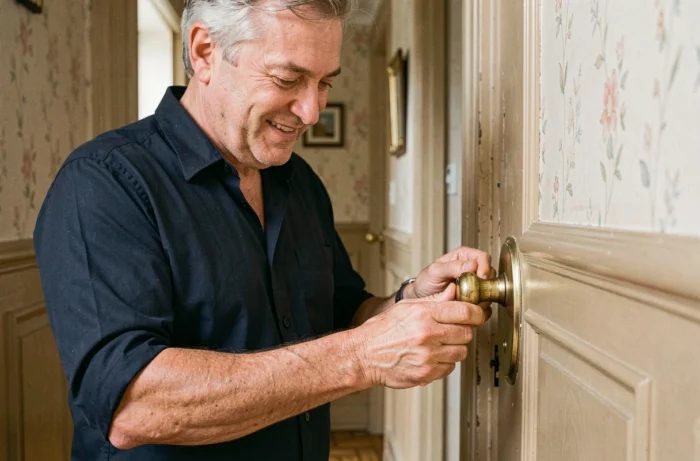Homme inspectant une poignée de porte en laiton brillant fraîchement polie dans un couloir d'appartement ancien
