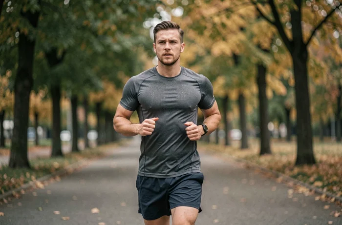 Homme faisant du jogging dans un parc en automne dans le cadre d'une routine sportive pour perdre un kilo par semaine