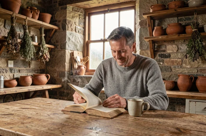 Homme se détendant avec un livre et une tasse de thé dans une cuisine rustique, illustrant l'art de ralentir et de savourer les moments simples du quotidien