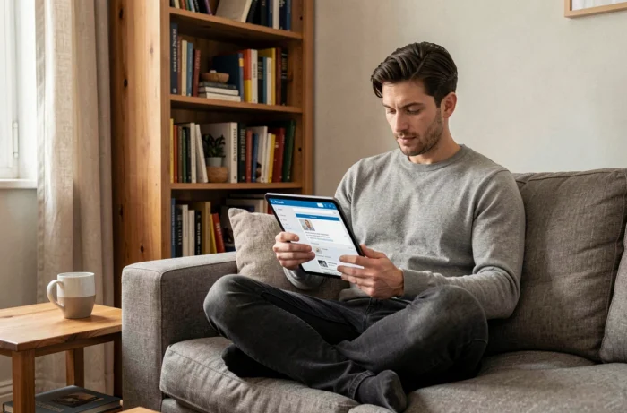 Homme consultant des offres d'emploi sur tablette depuis son bureau à domicile