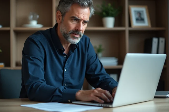 Homme rédigeant une lettre de résiliation d'assurance habitation sur son ordinateur portable