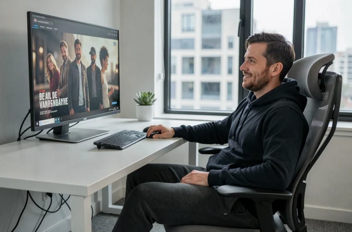 Homme regardant une série française en ligne sur grand écran dans un bureau moderne à domicile