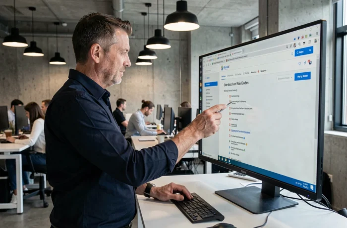 Homme en open space professionnel naviguant sur une page sitemap affichée sur un grand écran externe