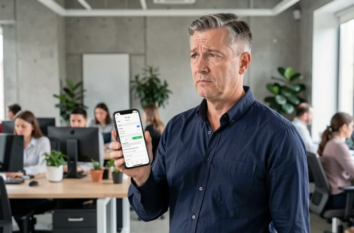 Homme en bureau moderne tenant un smartphone affichant les paramètres d'un compte Google et une boîte Gmail, représentant la comparaison entre les deux services