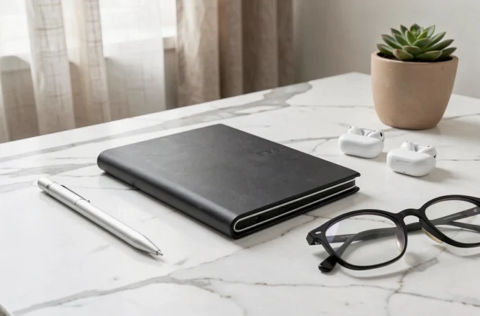 Smartphone Honor Magic V6 fermé posé sur marbre blanc entouré d'accessoires high-tech dans un bureau minimaliste
