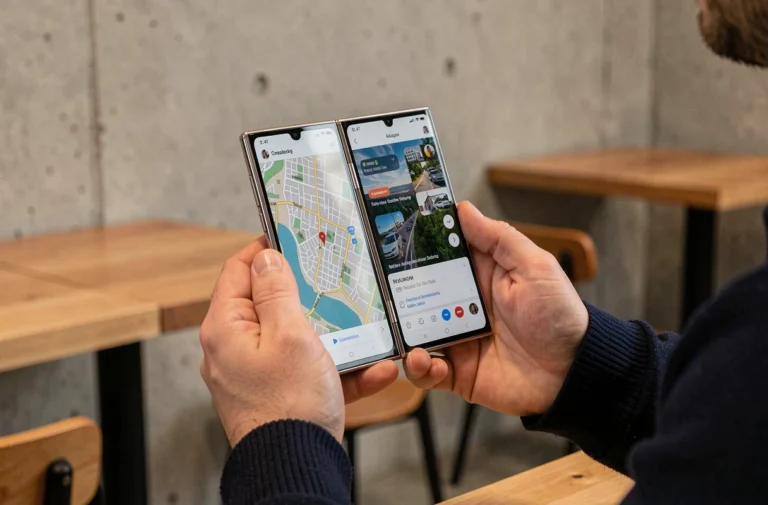 Homme tenant un smartphone pliable Honor Magic V6 ouvert dans un café moderne, affichant une application cartographique sur les deux écrans