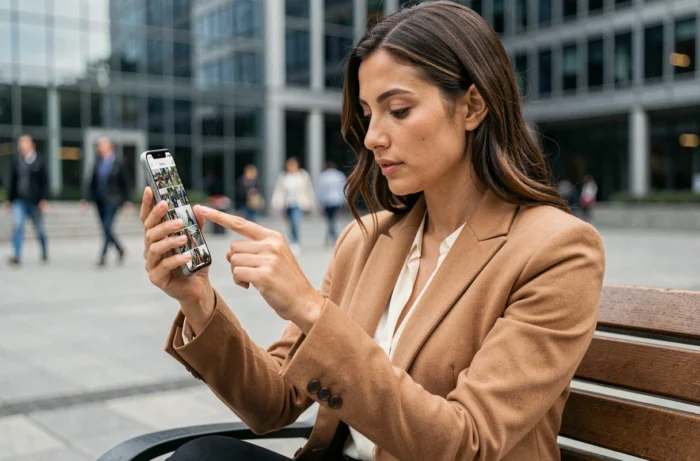 Femme consultant son smartphone Honor Magic V6 déplié en extérieur dans une place urbaine moderne