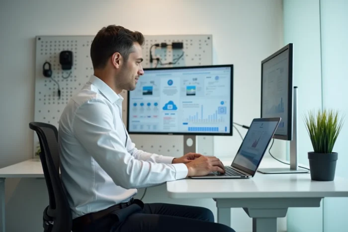 Homme informaticien travaillant sur des systèmes de cloud computing et de cybersécurité dans un bureau individuel moderne, enjeux de la digitalisation