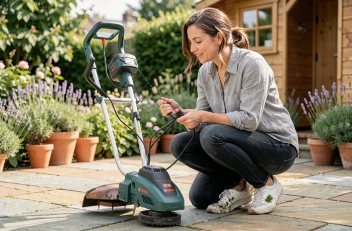 Femme inspectant le fil du rotofil Bosch Art 23 SL posé sur une terrasse en pierre dans un jardin fleuri