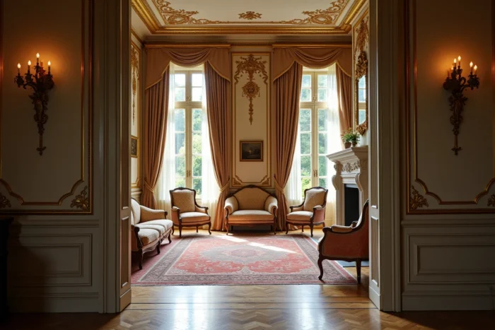 Intérieur luxueux d'un salon de château français avec mobilier ancien, boiseries dorées et cheminée en marbre