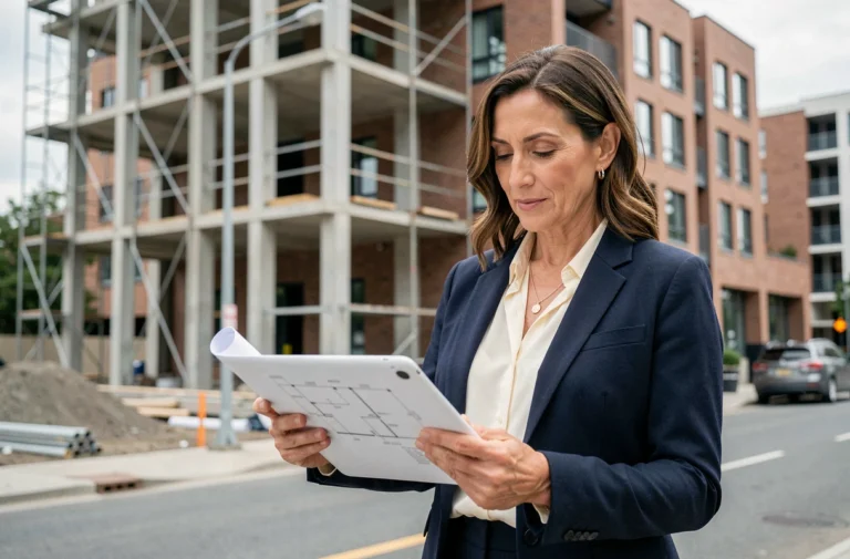 Femme investisseuse immobilière consultant des plans sur tablette devant un immeuble en construction en 2024