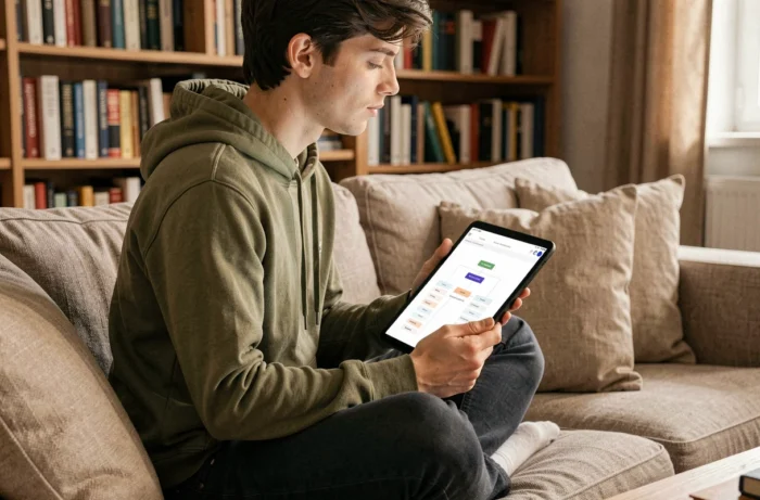 Jeune adulte assuré naviguant une architecture de site web sous forme de sitemap sur une tablette dans un salon cosy