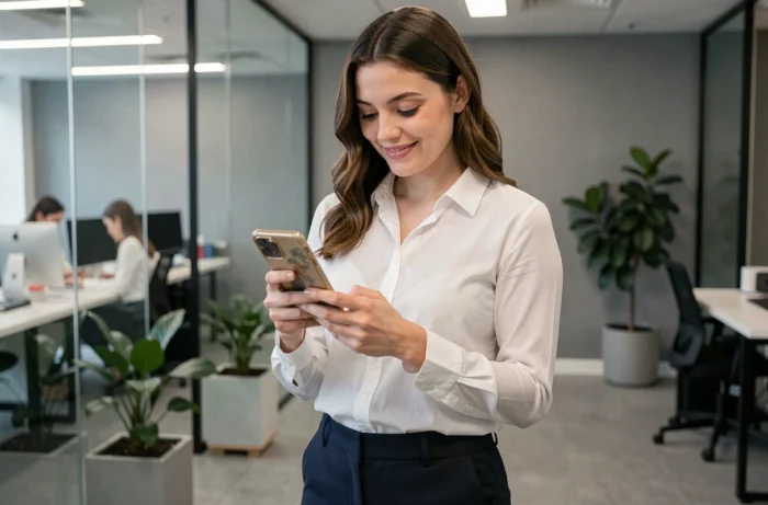 Jeune femme consultant le service client Amazon sur son smartphone dans un bureau moderne