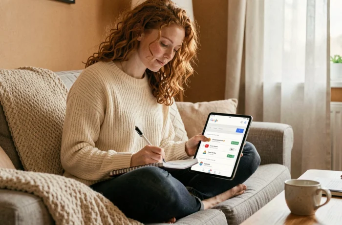 Jeune femme prenant des notes sur un carnet en consultant la gestion d'un compte Google sur une tablette dans un salon cosy, pour comprendre les services liés dont Gmail