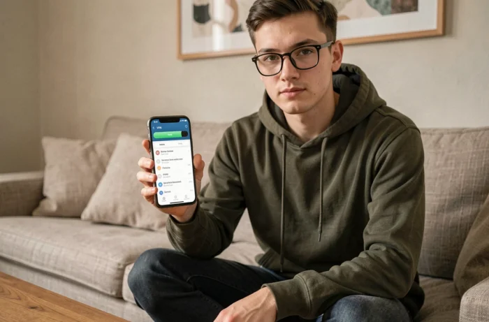 Jeune homme utilisant une application VPN sur smartphone depuis son salon pour contourner un problème d'accès à un site web