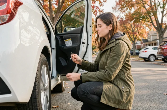 Femme lisant l'étiquette de pression recommandée des pneus sur une Toyota Yaris hybride garée en rue résidentielle