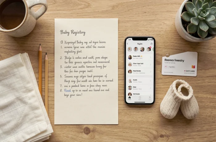 Vue aérienne d'une liste de naissance manuscrite avec smartphone affichant une application de registre cadeaux et articles de bébé sur un bureau en bois clair