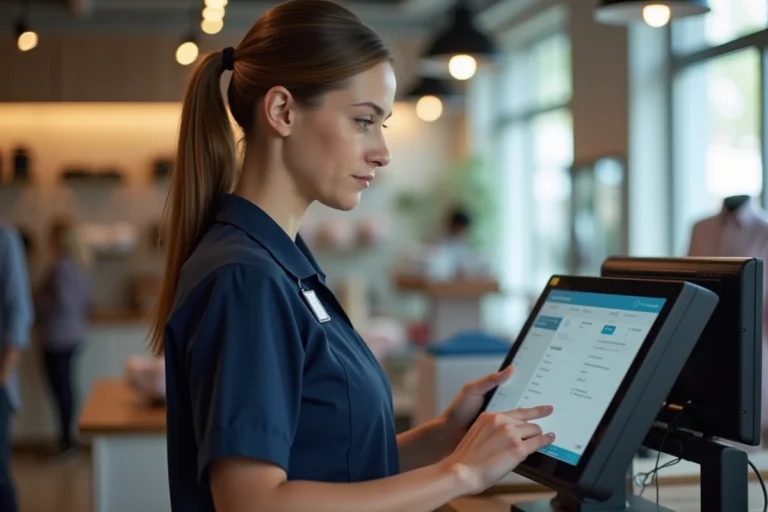 Caissière utilisant un logiciel de caisse certifié sur un terminal point de vente en boutique
