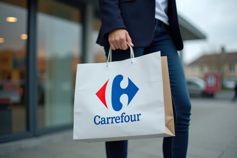 Femme tenant un sac Carrefour avec le logo rouge et bleu visible en gros plan devant un hypermarché