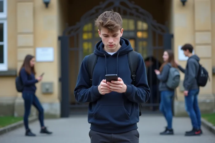 Lycéen vérifiant les résultats du second groupe bac sur son smartphone devant son lycée