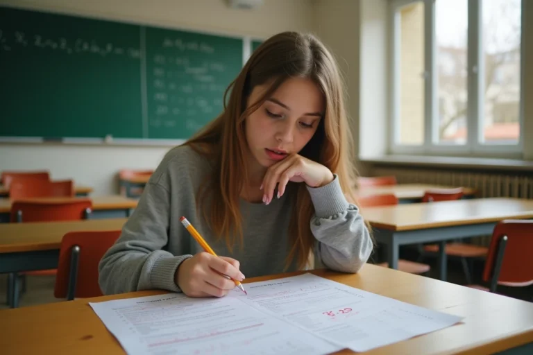 Lycéenne examinant sa copie de bac avec une note de 13 sur 20 dans une salle de classe française