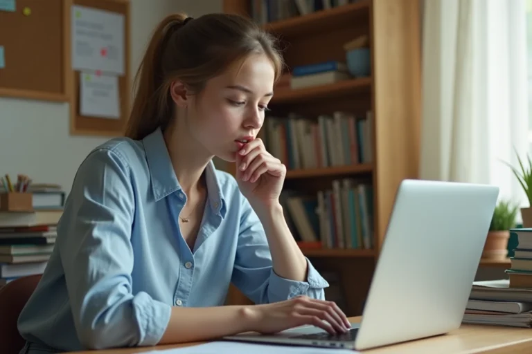 Jeune lycéenne consultant les résultats du second groupe du bac sur son ordinateur portable dans sa chambre