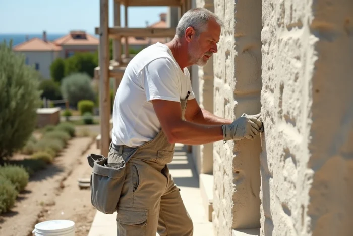 Maçon appliquant un enduit traditionnel à la chaux sur le mur d'une villa en cours de rénovation à Cassis, avec vue sur les toits provençaux