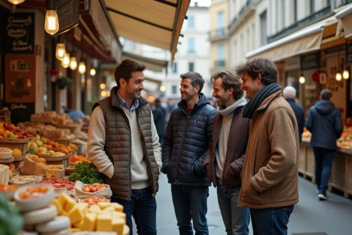 Groupe de Lyonnais au marché de la Croix-Rousse découvrant des produits locaux et artisanaux