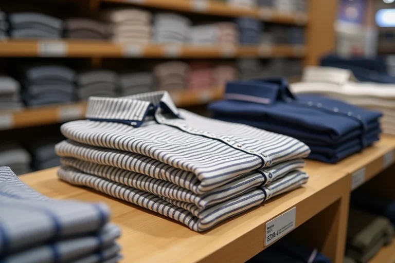 Marinière Armor Lux rayée bleu marine et blanc en vente sur une étagère d'hypermarché Intermarché