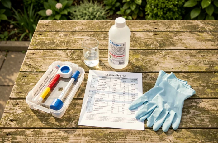 Kit de test eau piscine, javel et tableau de dosage disposés sur une table de jardin en bois