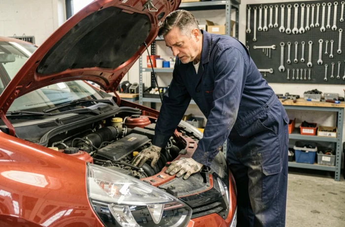 Mécanicien inspectant le moteur d'une Renault Clio 3 dans un atelier automobile pour diagnostiquer le voyant goutte bassine